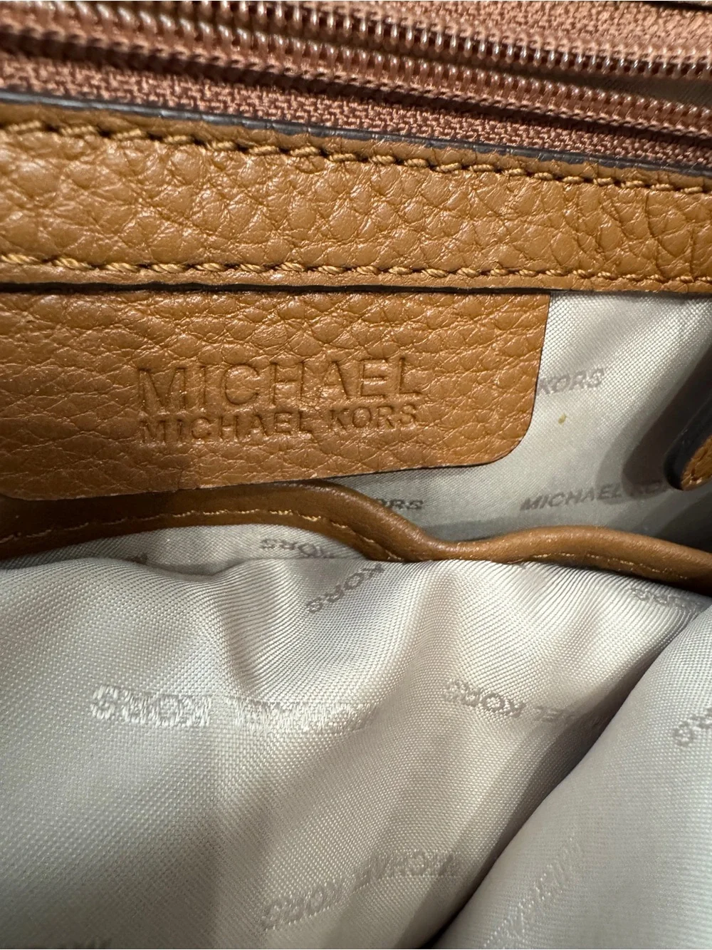 Michael Kors Rhea Pebbled Leather Slim Backpack And Wallet Luggage Tan